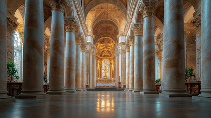A view of a symmetrical cathedral interior, with identical columns and arches leading to the altar, with copy space