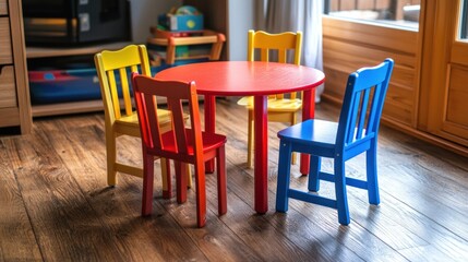 Colorful Chairs Around a Red Table