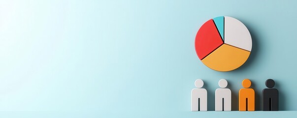 Customer data analysis, pie charts and customer icons, 3D illustration