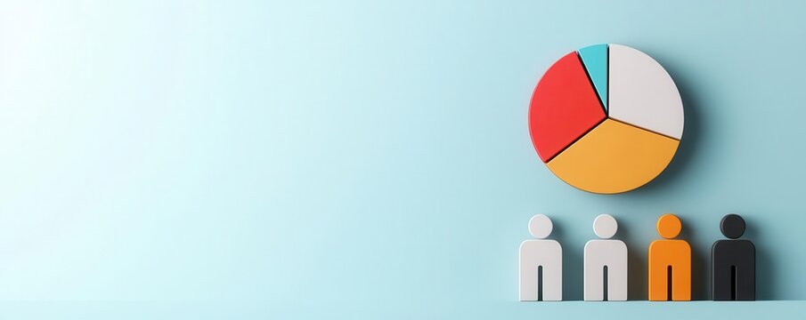 Customer data analysis, pie charts and customer icons, 3D illustration