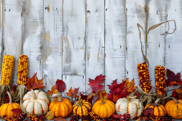 コピースペースありの秋のデコレーション。白い木の背景に配されたカボチャと紅葉