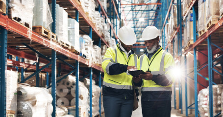 Business people, supplier and inventory with tablet for checking stock or distribution in...