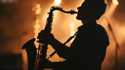 Male musician on stage plays the saxophone dark with smoke, copy space. Neural network ai generated art