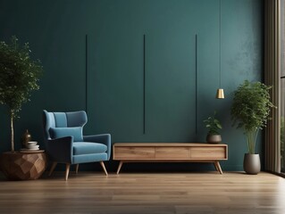 Teal Wall Living Room with Blue Armchair and Wooden Console Table