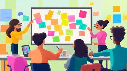 Team Brainstorming with Sticky Notes on a Whiteboard