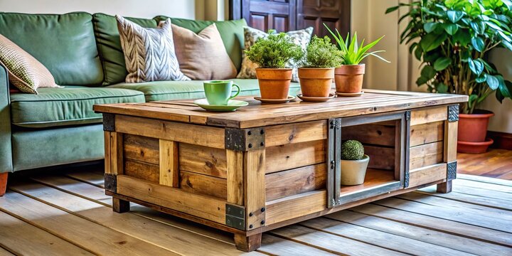 a photo image of an old wooden shipping crate transformed into a unique coffee table with a vintage door as a shelf and a green potted plant on top