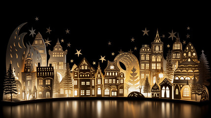 Fototapeta premium Illuminated Wooden Christmas Village Silhouette with Stars and Moon