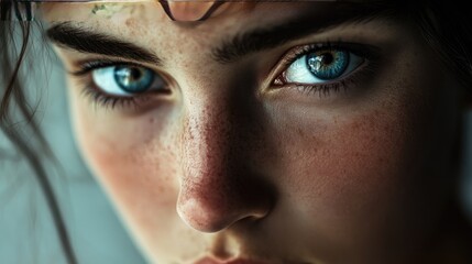 Fototapeta premium Reflective moment: A woman with piercing blue eyes, her gaze thoughtful and distant, captured in a soft, intimate portrait