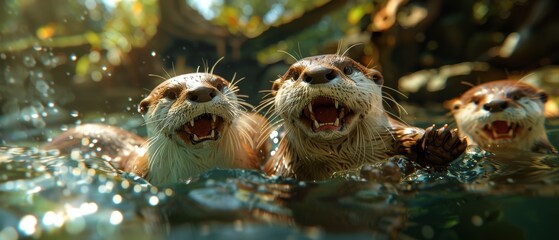 Cheerful Otter Family Enjoying Playtime in a Babbling Stream