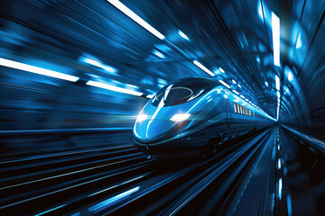 Modern high-speed train in fast motion passes through railway stations on blurred background