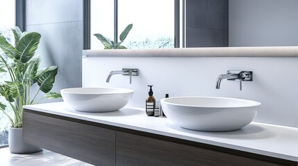 Fototapeta premium Sleek simplicity: A modern minimalist bathroom featuring double sinks, clean lines, and a serene, functional design