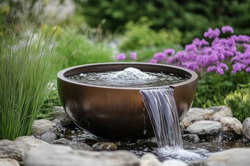 Fototapeta premium A copper bowl fountain with a cascading waterfall. This image is perfect for showcasing the beauty and tranquility of a water feature in a garden.
