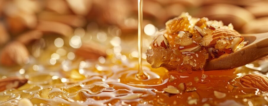 Close-up of turr&oacute;n nougat dessert featuring almonds and honey, highlighting its rich texture and intricate details.