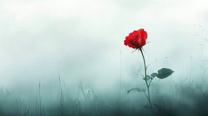 Fototapeta premium Solitary bloom: A single red rose shrouded in mist, a simple yet powerful image of tranquility and elegance