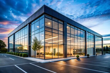 Photo image of modern new construction offices with sleek glass walls, minimalist decor, and a minimalist parking lot
