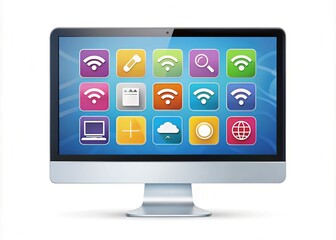 Colorful modern computer screen displaying various connectivity icons, including Wi-Fi, Bluetooth, and network symbols, on a clean and minimalist white background.