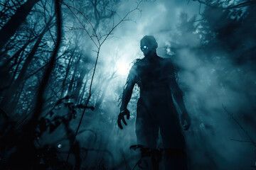 Scary zombie wandering in a street with dramatic lighting on celebration holiday Halloween