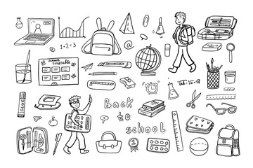 Set of school icons. School students. Education. Back to school. Hand drawn. Great for banner, posters, cards, stickers, professional design and website wallpapers. Doodle style