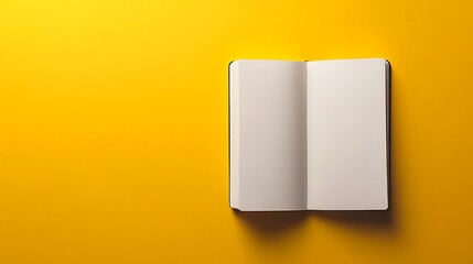 An open blank notebook sits on a bright yellow surface.