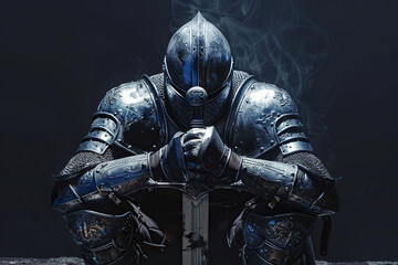 Fototapeta premium A fantastic royal knight in armor guards the castle chambers