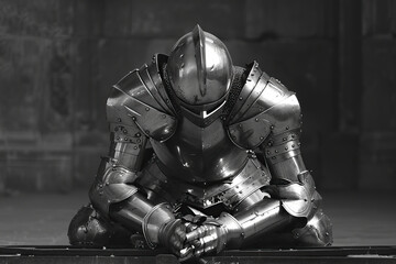 Fototapeta premium A fantastic royal knight in armor guards the castle chambers