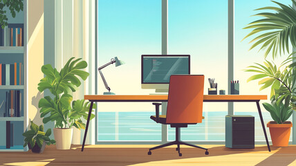 Fototapeta premium Modern workspace with computer and plants overlooking the ocean on a sunny day