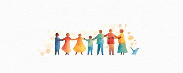 Fototapeta premium People of different cultures embracing, unity and peace, warm and soft tones, Watercolor style