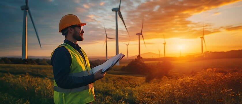 Wind Turbine Engineer Analyzing Renewable Energy Performance at Sunset in a Field  Documentary Photography of Turbine Design Analysis to Ensure Optimal Electricity