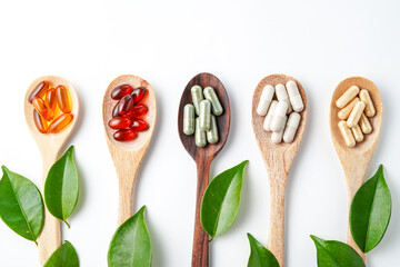 Top view Variety of vitamin and mineral pills in wooden spoon, Dietary supplement healthcare