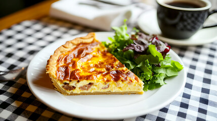 Classic French Bistro A slice of Quiche Lorraine served on a simple white plate with a side of mixed greens, set on a checkered tablecloth in a cozy French bistro