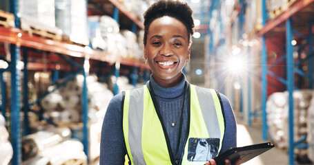 Black woman, portrait and tablet in warehouse for logistic, inventory check and stock management for web. Inspection, employee or supervisor with digital for shipping order, quality control and smile