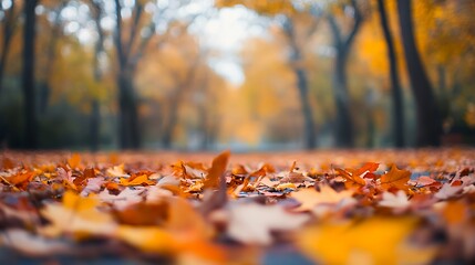 A serene autumn scene with colorful fallen leaves covering a path in a tranquil forest.