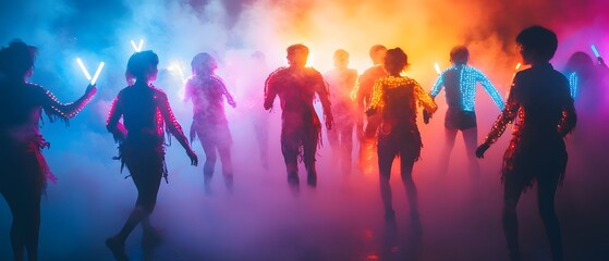 Vibrant and dynamic 80s retro style Halloween dance party with glow sticks neon colored costumes and ample copy space for text overlay