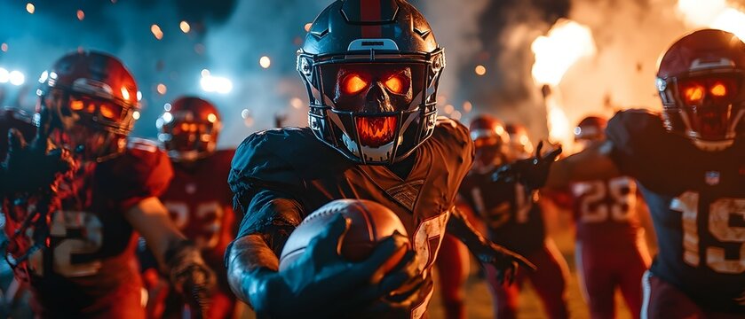 Haunting touchdown by players in creepy Halloween themed costumes during an intense American football game at a dark fiery stadium  Dramatic documentary style photography capturing the eerie