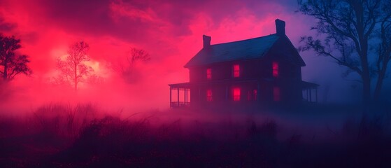 Haunted House with 80s Inspired Movie Scenes and Eerie Synthwave Music   Photography Concept  A mysterious and atmospheric image of an abandoned house shrouded in mist and a haunting cinematic mood