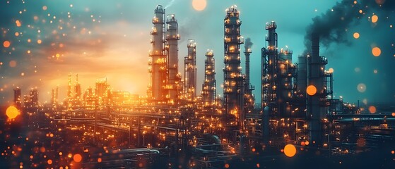 Fototapeta premium Majestic Refinery Skyline at Sunset Showcasing the Scientific Principles of Refinery This image captures the intricate architecture and engineering of a large scale chemical processing facility