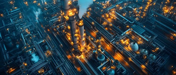 Illuminated aerial view of a large petrochemical refinery complex at night showcasing the intricate network of pipes towers and equipment that transforms crude oil into valuable chemicals and fuels