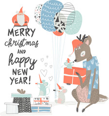 Greeting Christmas card with cute deer and mouses
