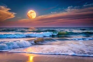 Obraz premium A photo image of a serene ocean wave gently lapping at the shore under the soft glow of a full moon's light