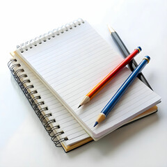 writing supplies on notebooks on white background