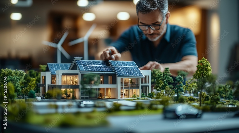 Poster a man is working on a model of a house with solar panels