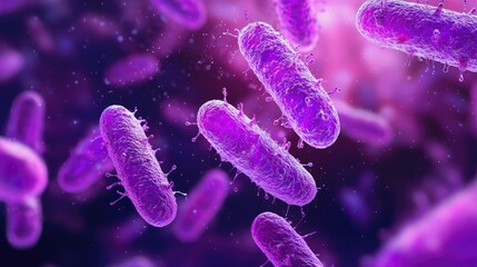 Microscopic image of purple bacteria. This photo can be used for science education, medical articles, or presentations about bacteria.