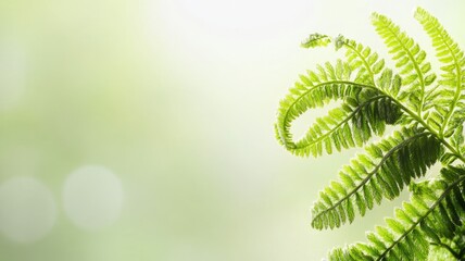 Close-up of a fern frond gracefully unfurling against a soft, light green background, symbolizing new growth