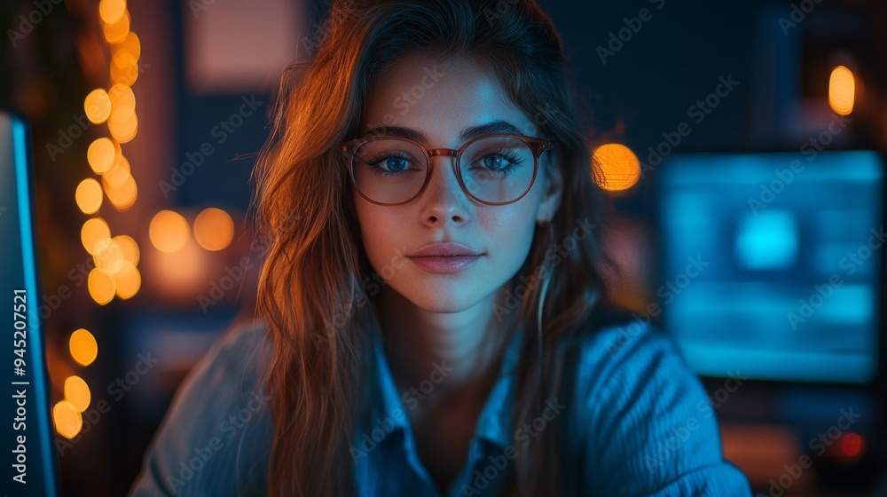 Poster a woman with glasses is sitting in front of a computer monitor
