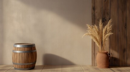 Rustic Interior with Wooden Barrel and Dried Pampas Grass in Clay Vase Against Wooden and Beige Walls