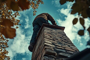 A man stands on top of a brick chimney. This photo can be used for projects related to construction, home improvement, or safety.