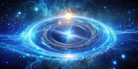 10. A shimmering, electric blue stargate pulsates with energy, set against a backdrop of luminous, star-filled galaxies, a realistic photo image.