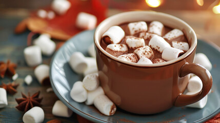 A brown mug of hot chocolate with marshmallows and spices on a rustic plate, creating a cozy winter atmosphere.