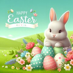 Cute Easter rabbit with decorated eggs and spring flowers on green spring landscape. 
