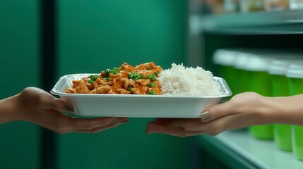 Close-up of hands exchanging a takeout container with a meal of stir-fried meat and rice